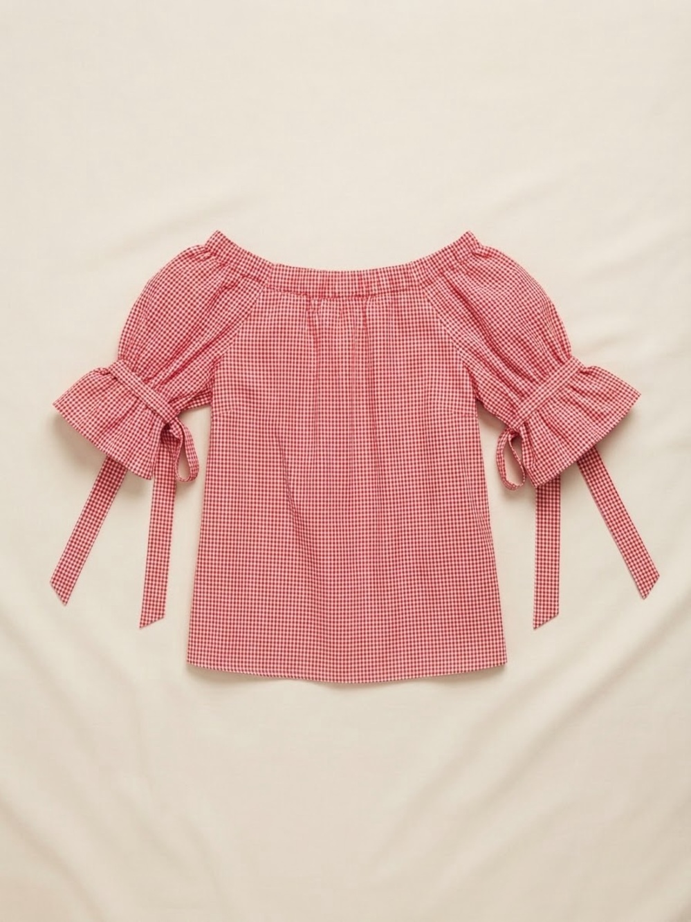 Blush & Bloom Cottagecore Red Gingham Off-Shoulder Tie-Sleeve Top size M